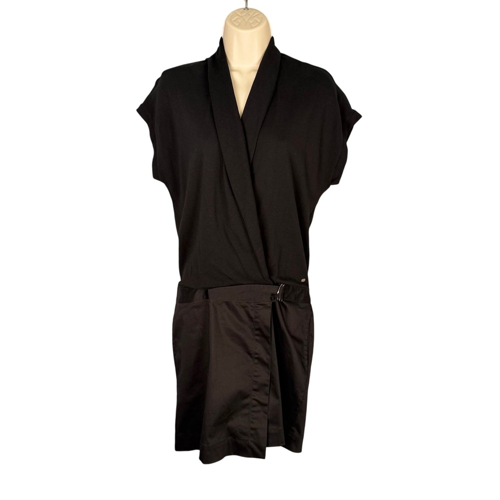 Lacoste‎ Dress Womens 38 Black Pique Knit with Twill Skirt Shawl Collar Buckle